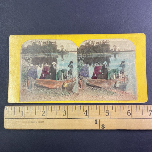 People Make River Crossing in Tree Trunk Boat Stereoview Antique c1860 Y1341