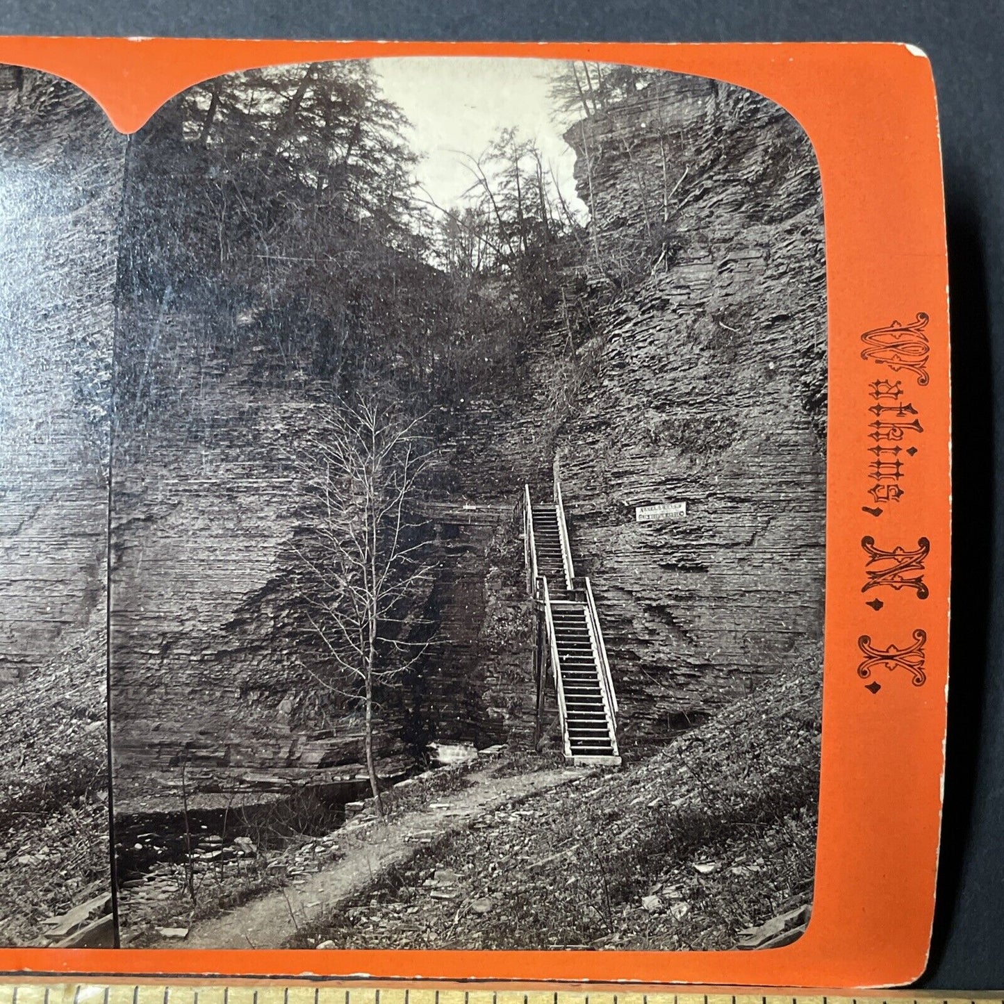 Antique 1860s Watkin's Glen Gorge Stairs New York Stereoview Photo Card V1796