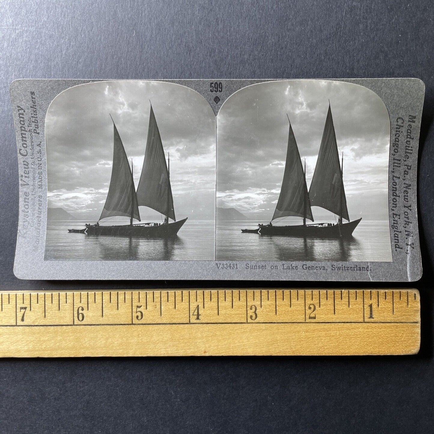 Antique 1909 Fishing Vessel Lake Geneva Switzerland Stereoview Photo Card P1013