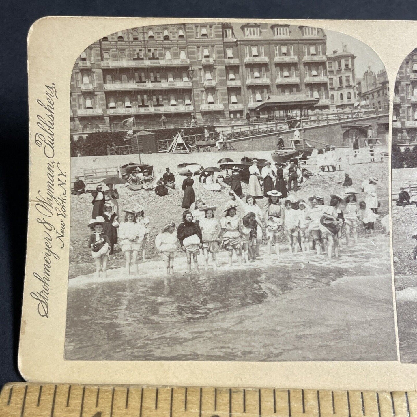 Antique 1896 People On Victorian Swimming Beach UK Stereoview Photo Card P4593