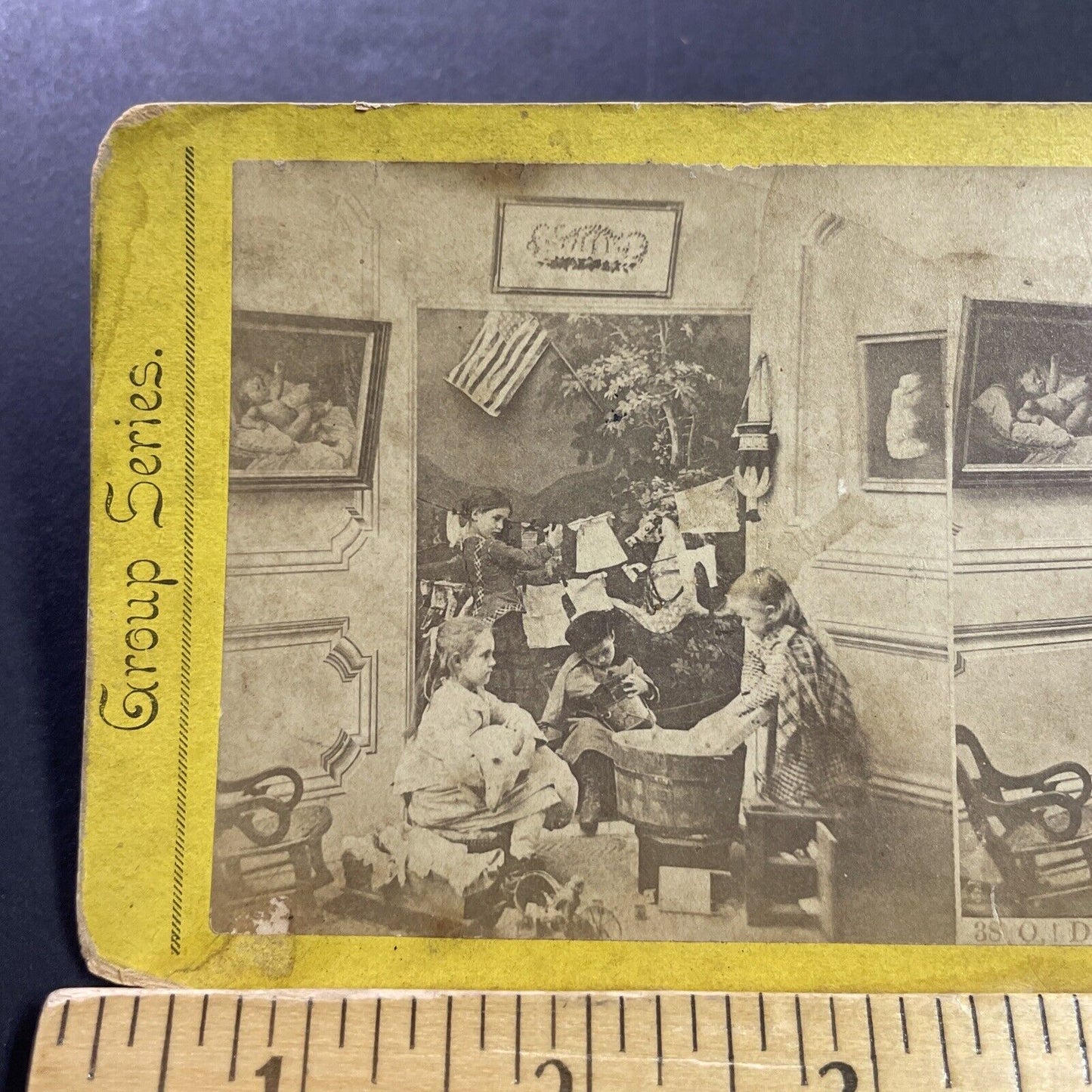 Antique 1870s Patriotic Children Washing Clothes Stereoview Photo Card P4049