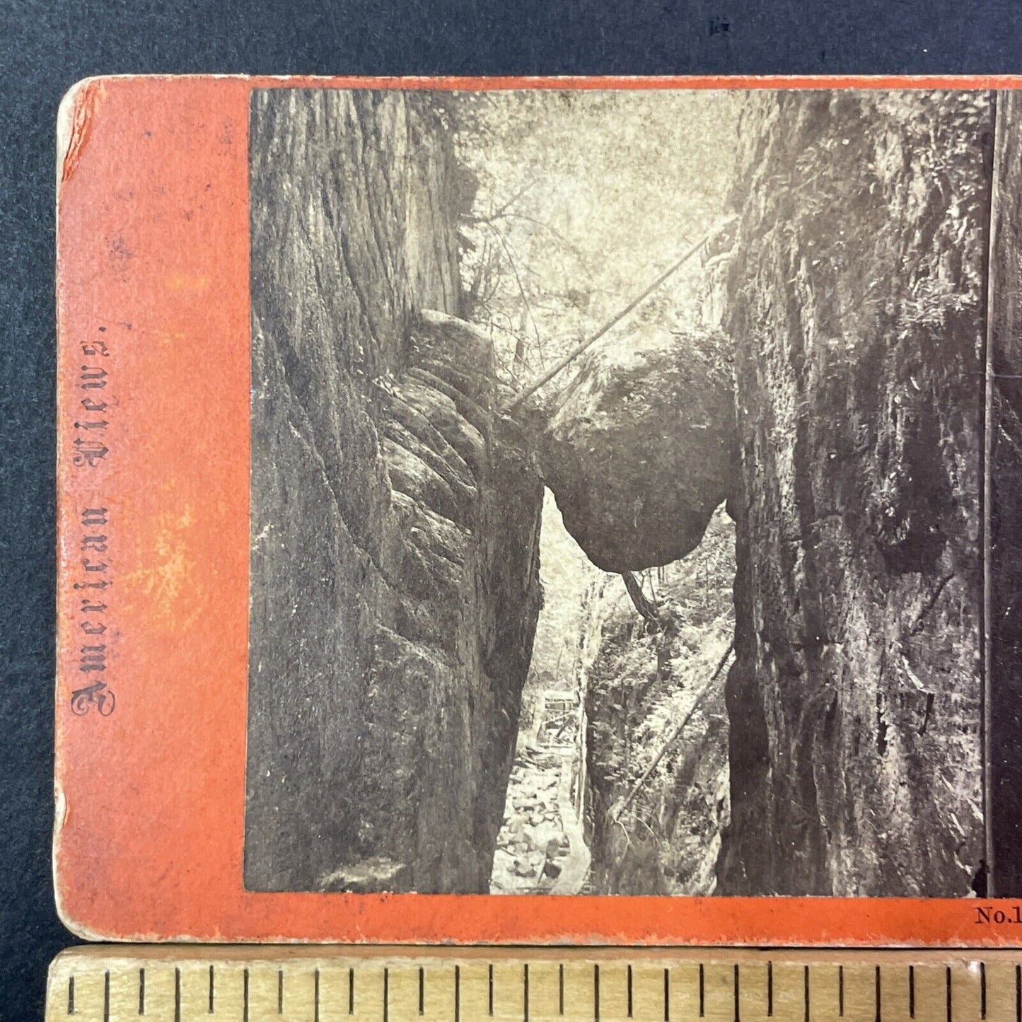 Franconia Notch Boulder Flume Stereoview Photo JP Soule Antique c1869 X1274