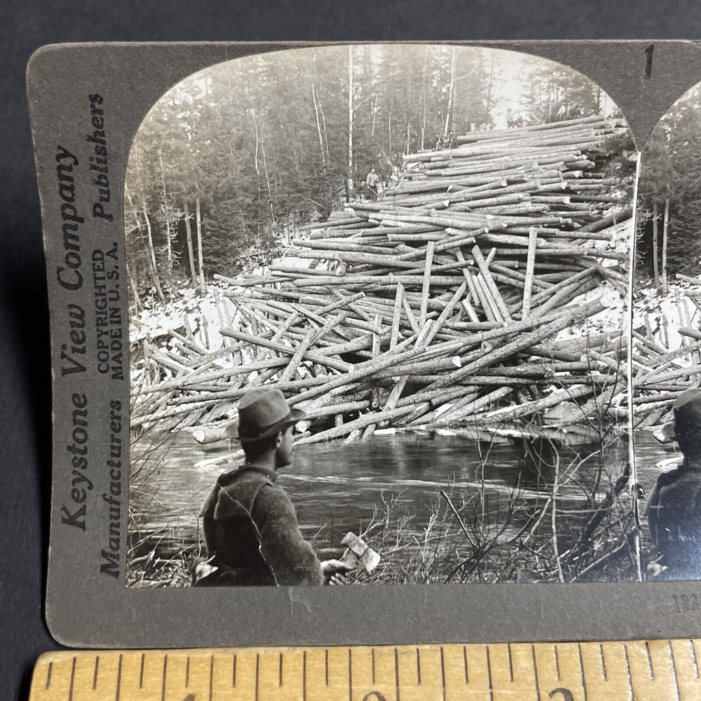 Antique 1910s Log Drivers Clear A Log Jam In Maine Stereoview Photo Card P4885