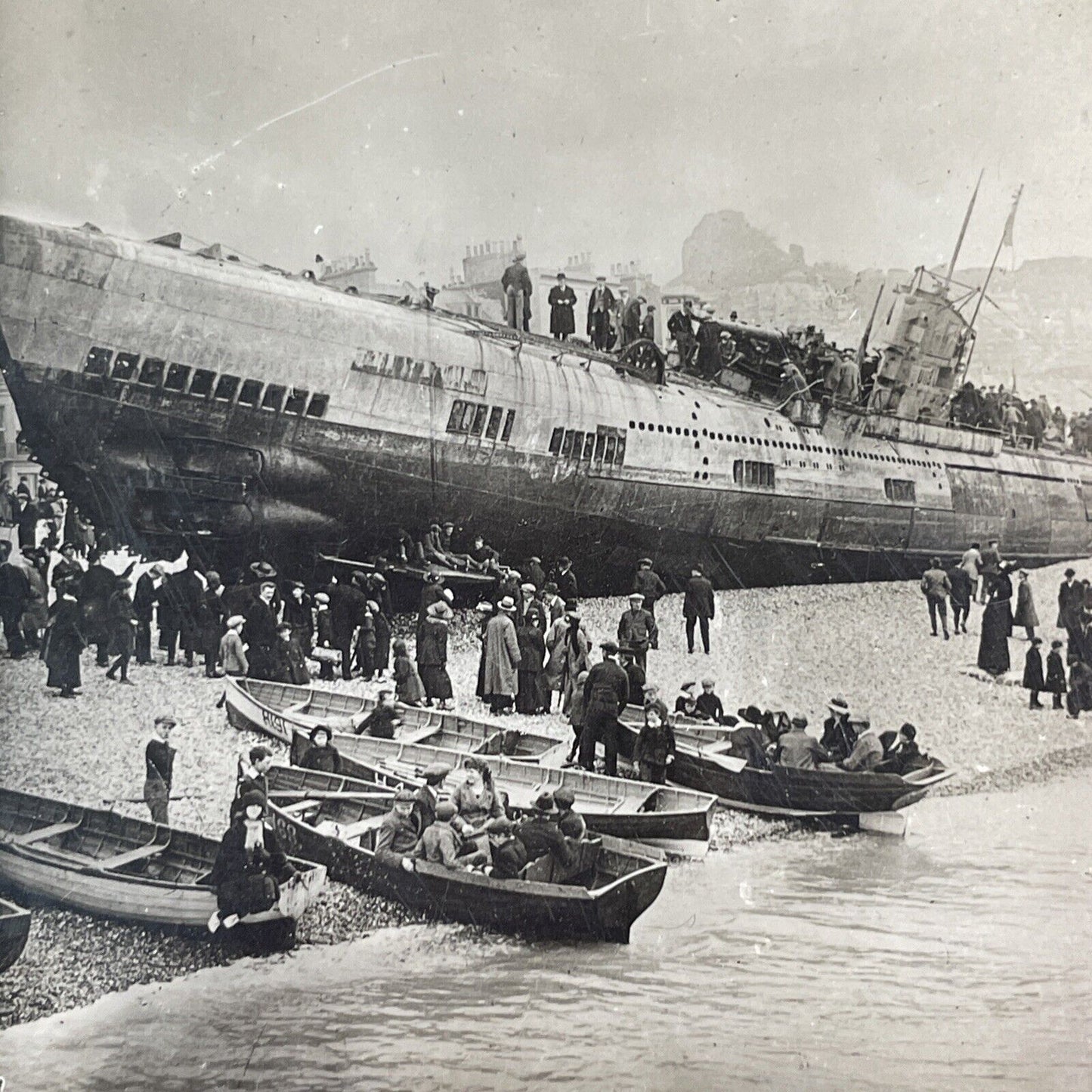 German U-Boat Crashes Into Shore Stereoview World War I WW1 Antique c1918 Y155