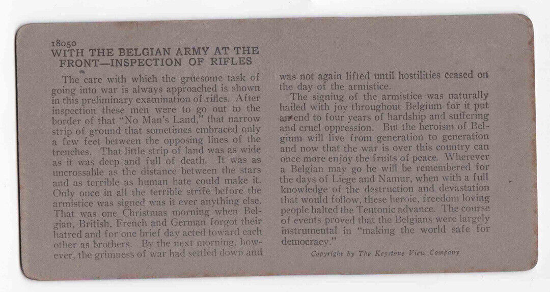 Antique 1918 Belgian Troops Rifle Inspection WW1 Front Lines Stereo Card P165