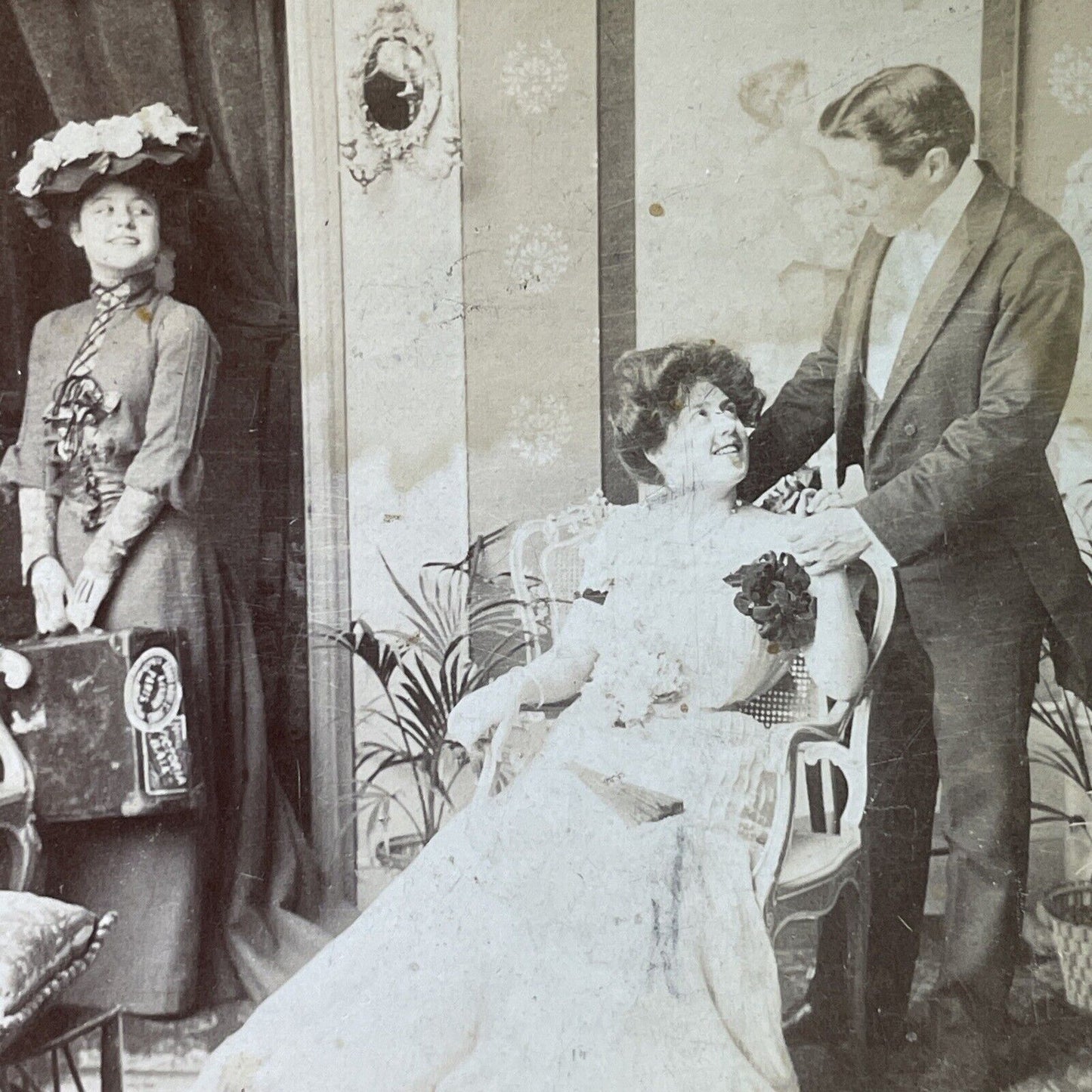 Antique 1902 Maid Flirts With Husband Near His Wife Stereoview Photo Card P3401