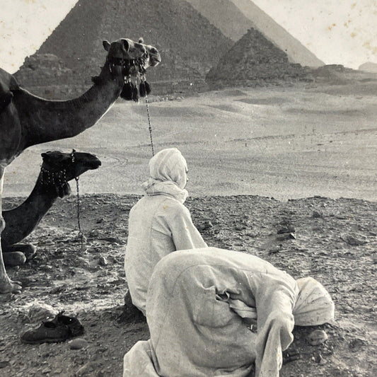 Antique 1909 Muslims Praying In Egypt Near Pyramids Stereoview Photo Card P4220