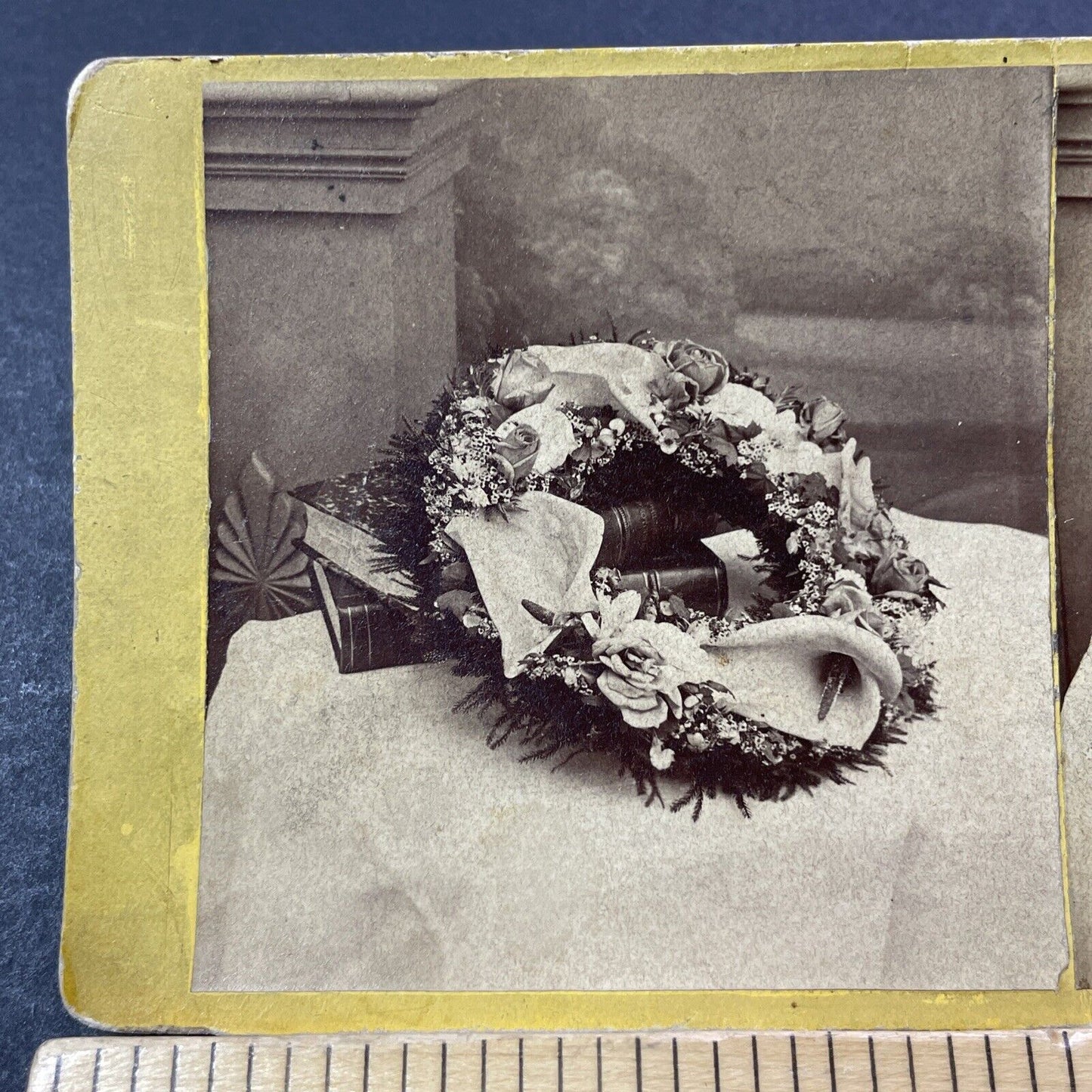 Antique 1870s Funeral Wreath For Judge Chardon Ohio Stereoview Photo Card V3339