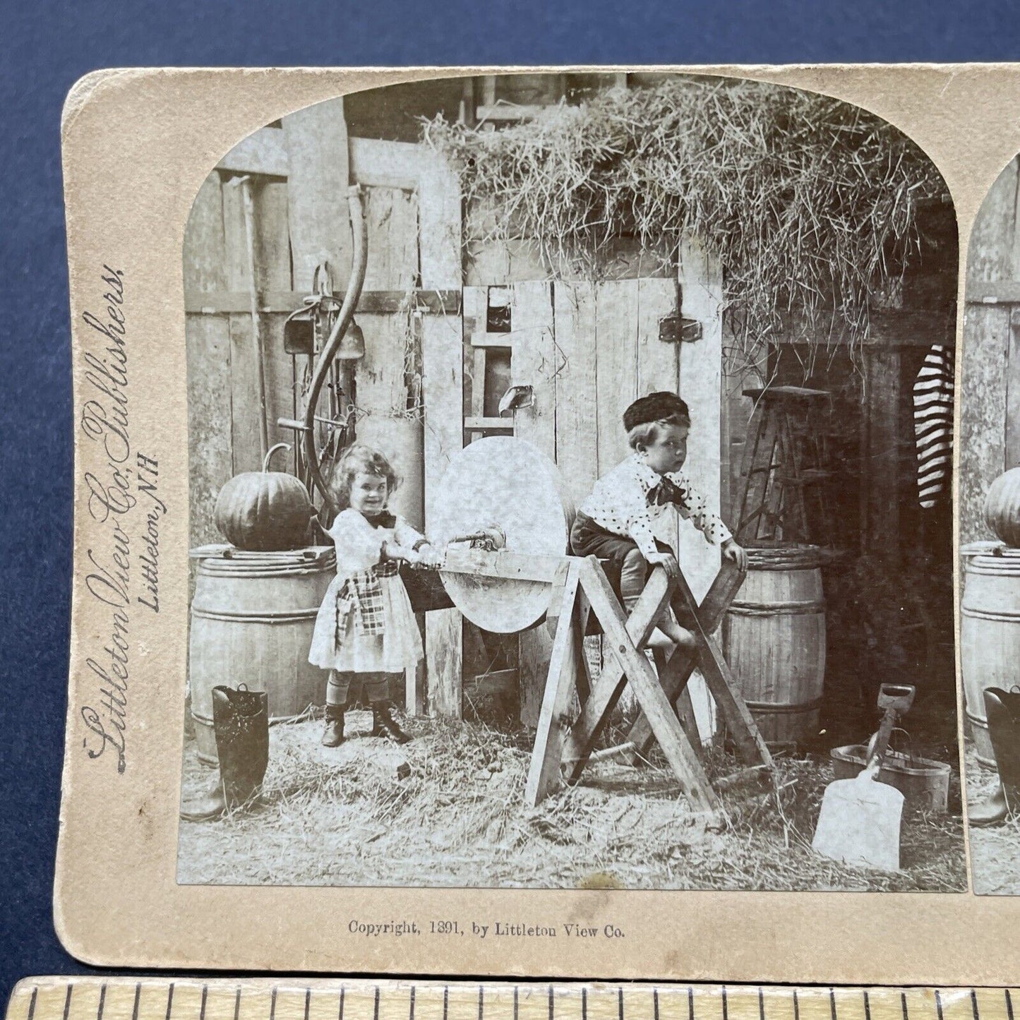 Antique 1891 Child Ruins Pants On A Grinding Stone Stereoview Photo Card P2608