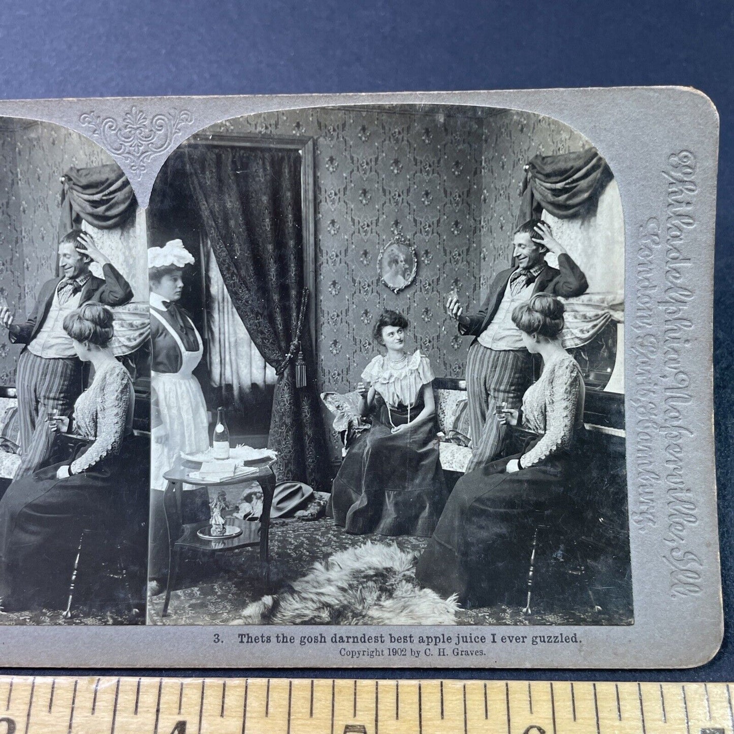 Antique 1902 Women Get Cousin Drunk Off Champagne Stereoview Photo Card P2930