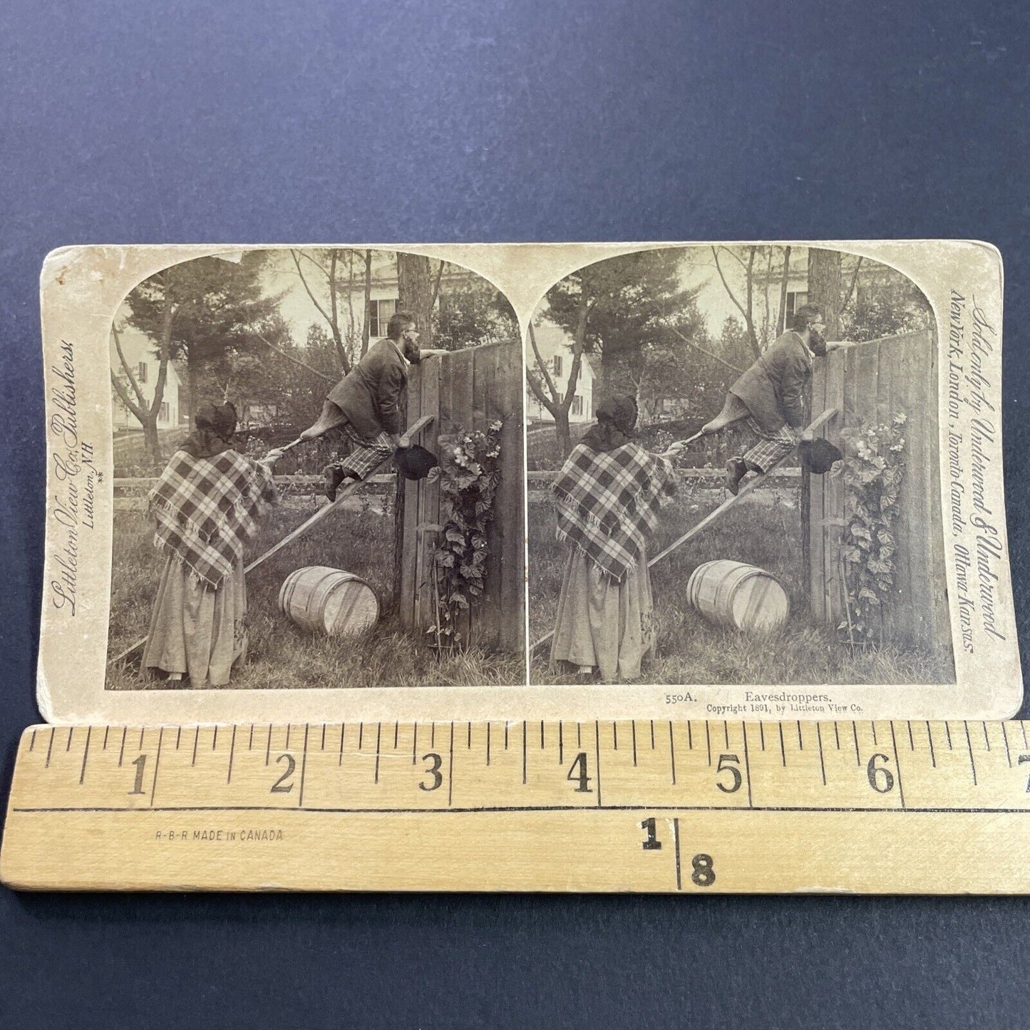 Antique 1891 Man & Woman Climb Over Fence Stereoview Photo Card P4083