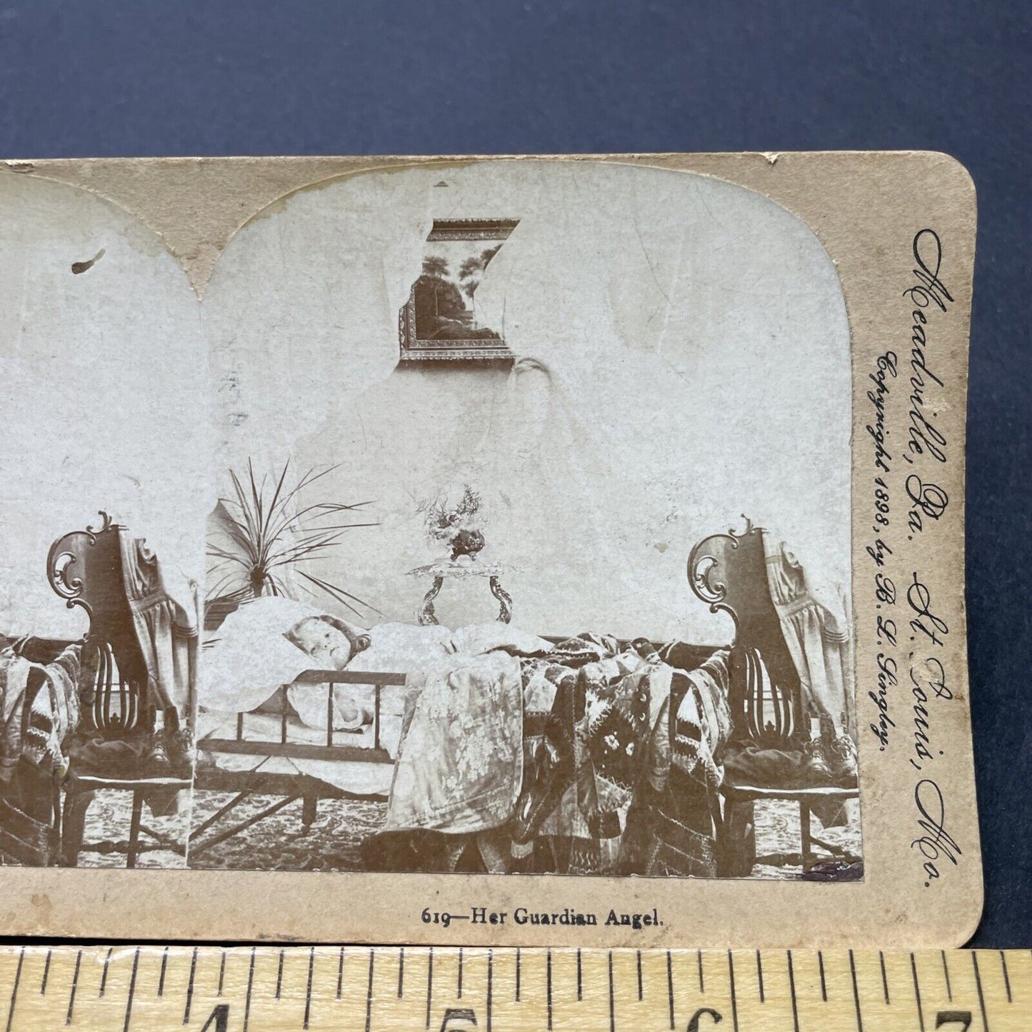 Antique 1898 Angel Watches Over Sleepy Child Stereoview Photo Card P2604