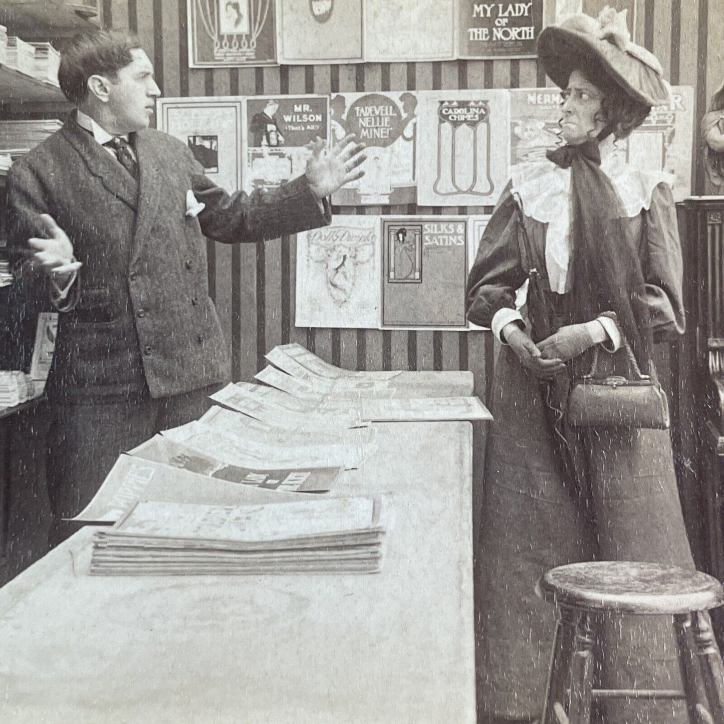 Woman in Newspaper Magazine Store Stereoview Antique c1905 Y2562