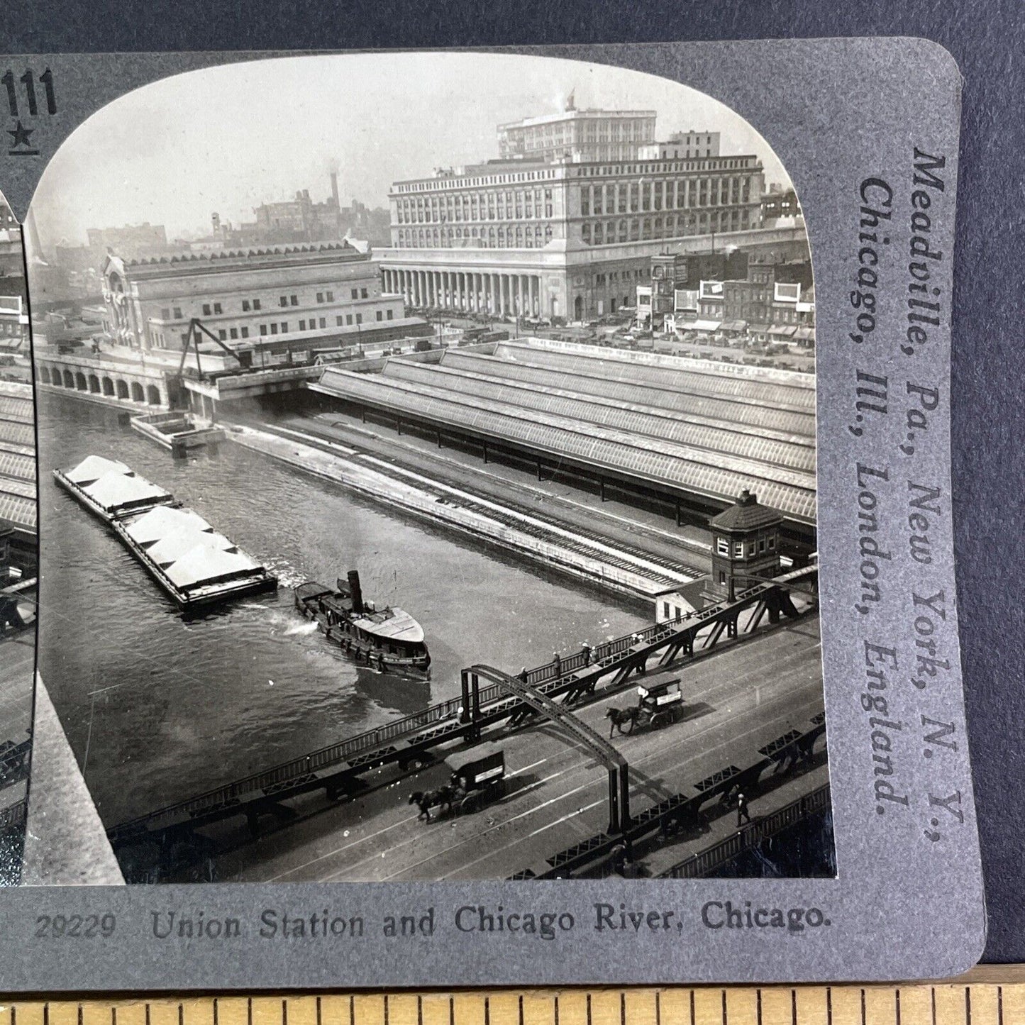 Tugboat Pulling a Barge Chicago Illinois Stereoview Antique c1909 Y1172