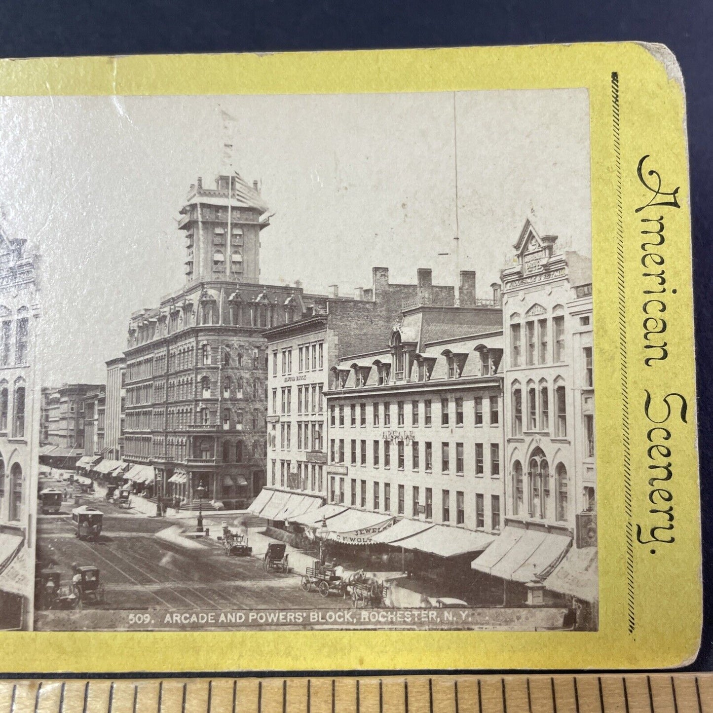 Antique 1870s Arcade & Powers Buildings Rochester Stereoview Photo Card P381-04