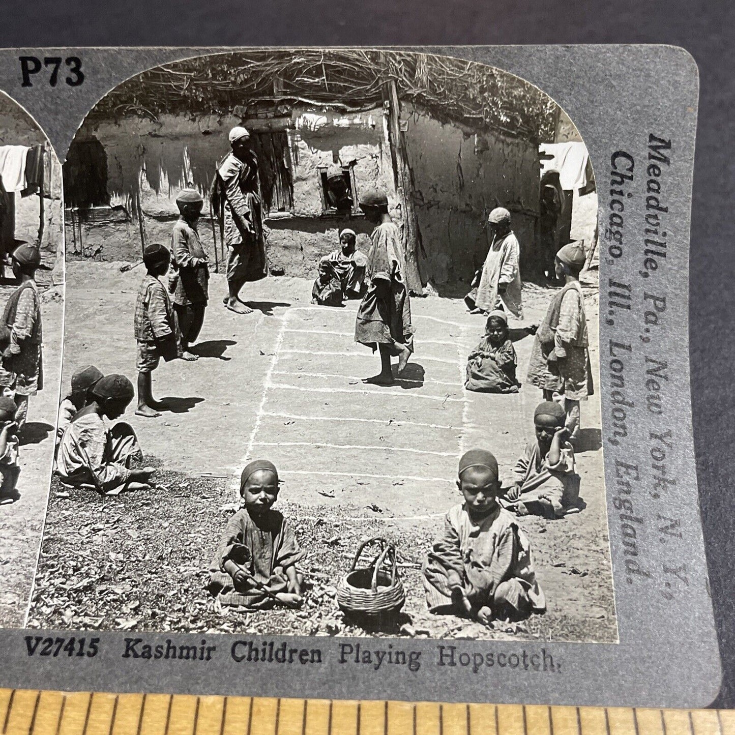 Antique 1910s Poor Children Play Hopscotch In India Stereoview Photo Card P4465