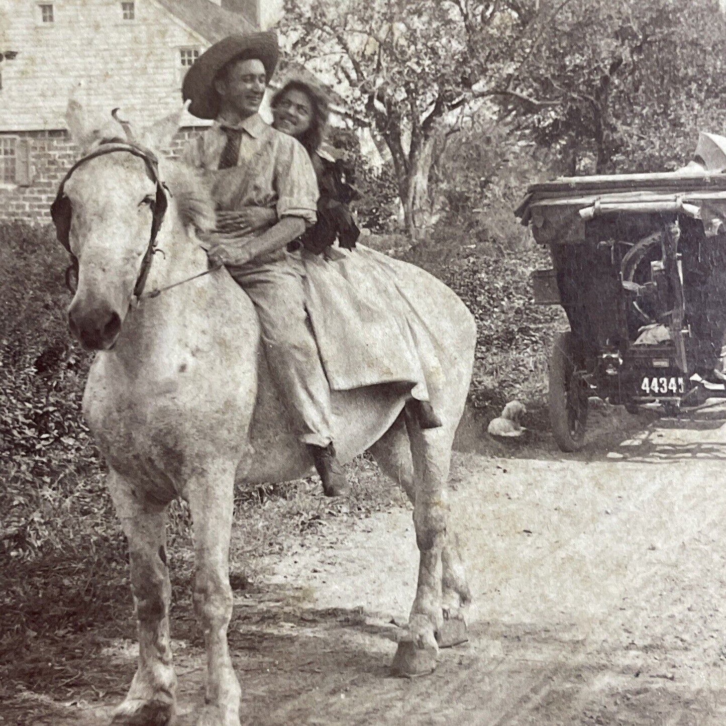 Antique 1907 Cowboy Helps Woman After Car Accident Stereoview Photo Card P4666