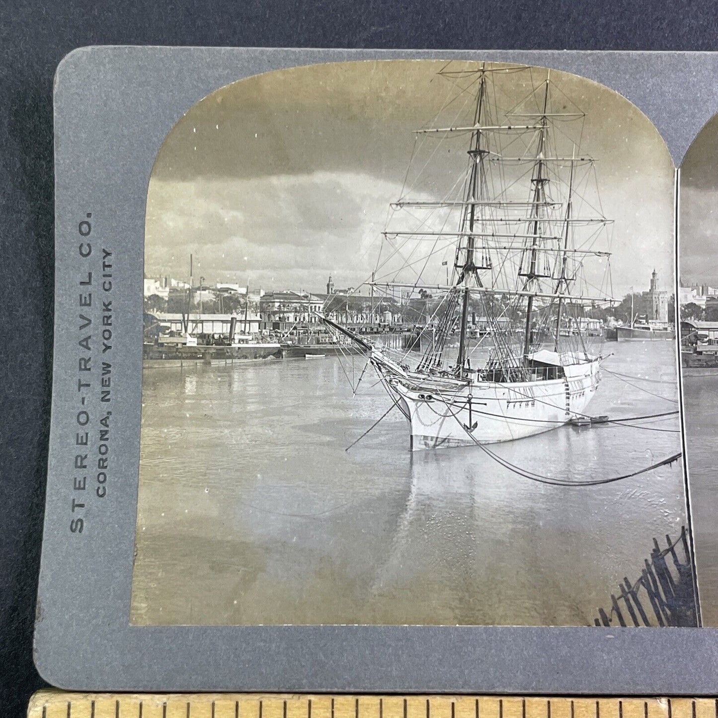 Sailing Ship in Seville Spain Stereoview Harbor View Antique c1908 X4211