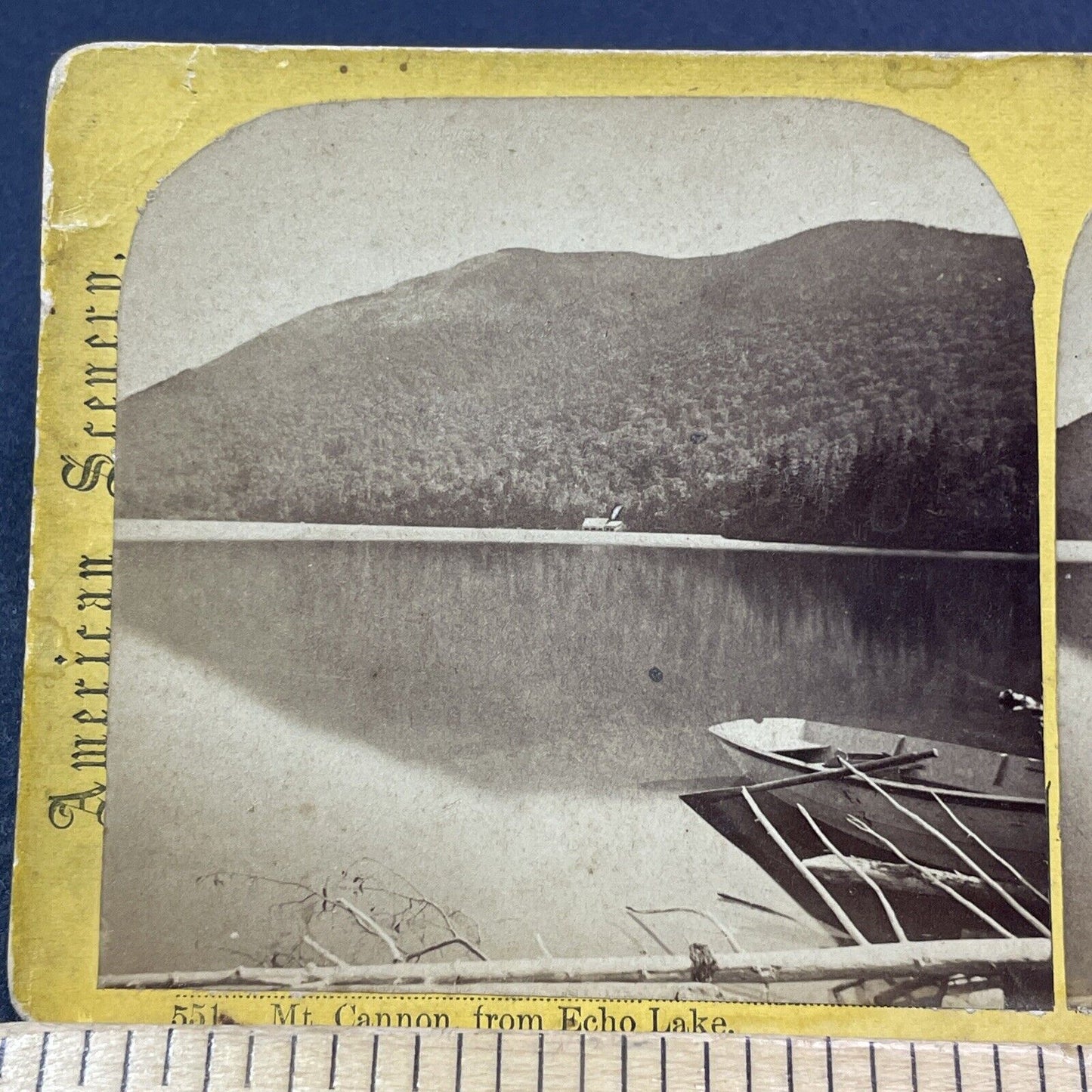 Antique 1870s Echo Lake Boat Launch & Mt Cannon NH Stereoview Photo Card V1907