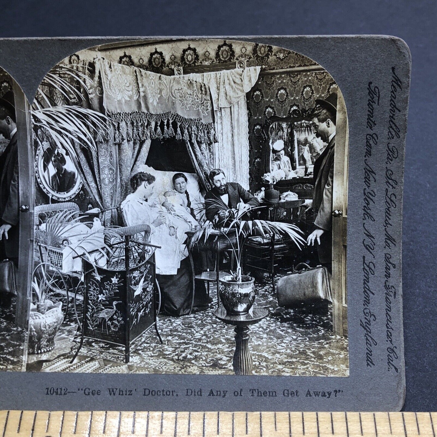 Antique 1900 Doctor Surprised By Twins Childbirth Stereoview Photo Card P1961