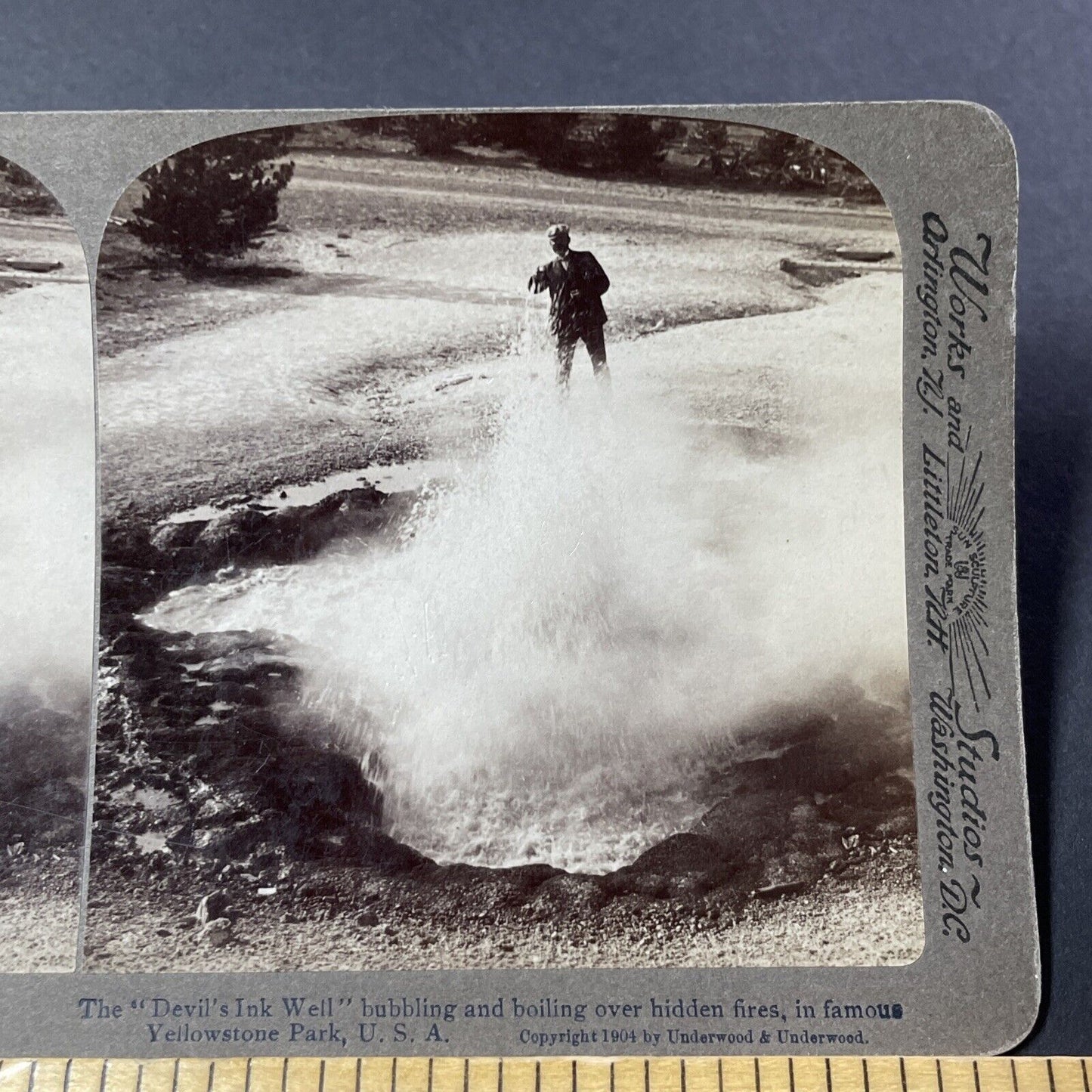 Antique 1904 Geyser Spews At Man Yellowstone Stereoview Photo Card V3202