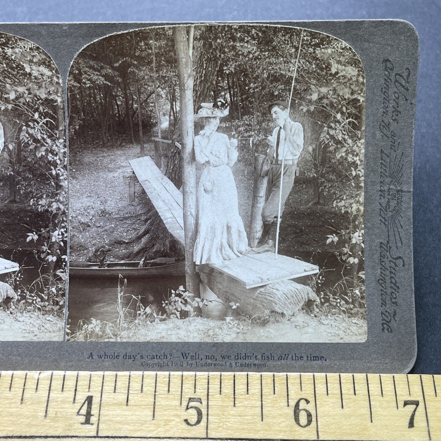 Antique 1902 Man And Woman Flirt While Fishing Stereoview Photo Card P2512