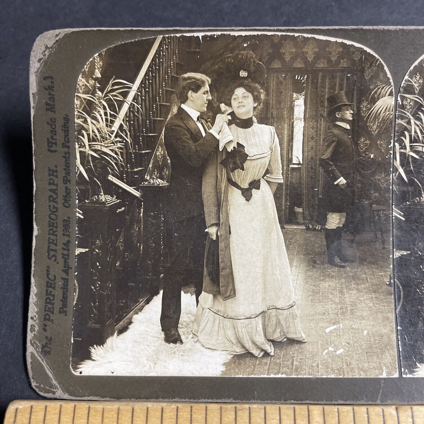 Antique 1903 Man Takes Off Beautiful Womans Coat Stereoview Photo Card P4636