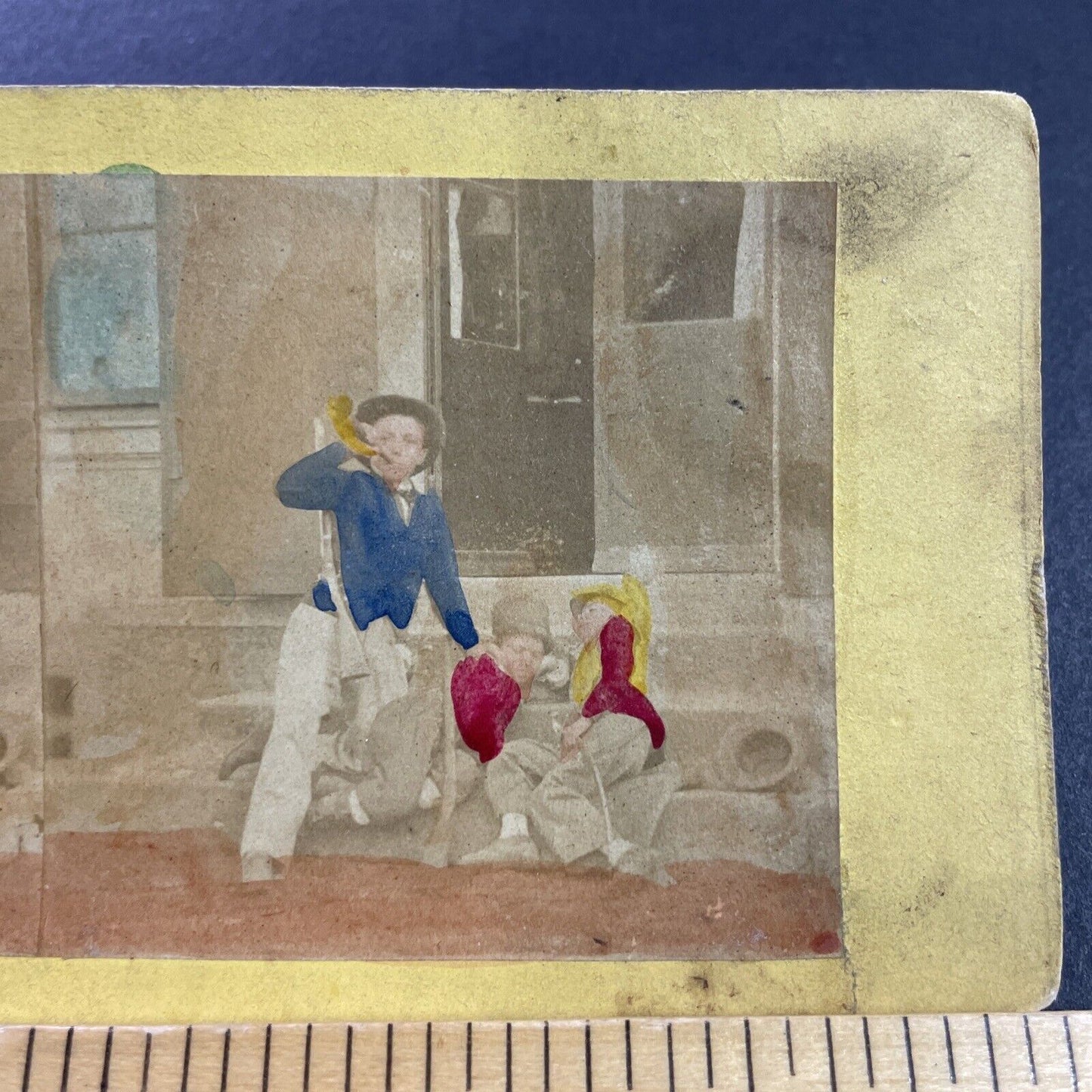 Antique 1860s Bugler Calls Medic For Injured Children Stereoview Photo Card 4048