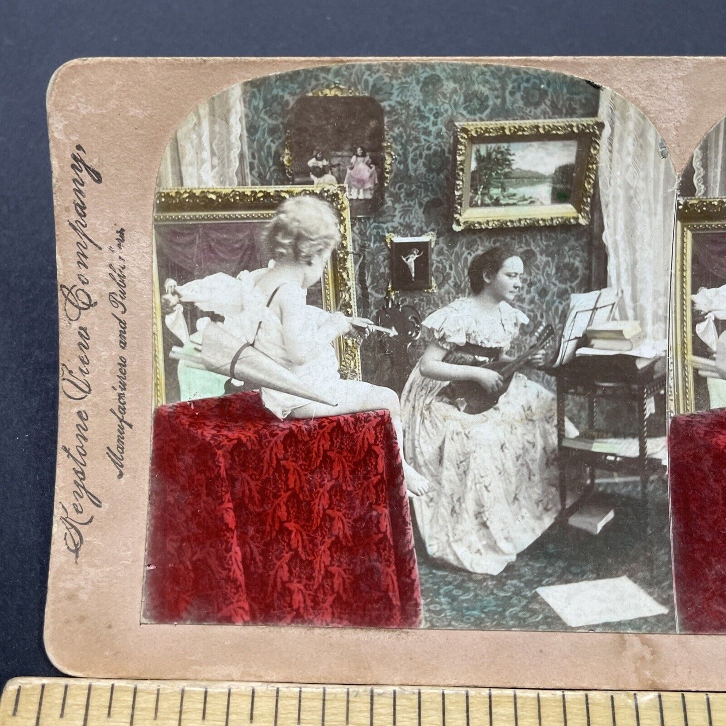 Antique 1899 Woman Plays Ukulele For Child Stereoview Photo Card P2681