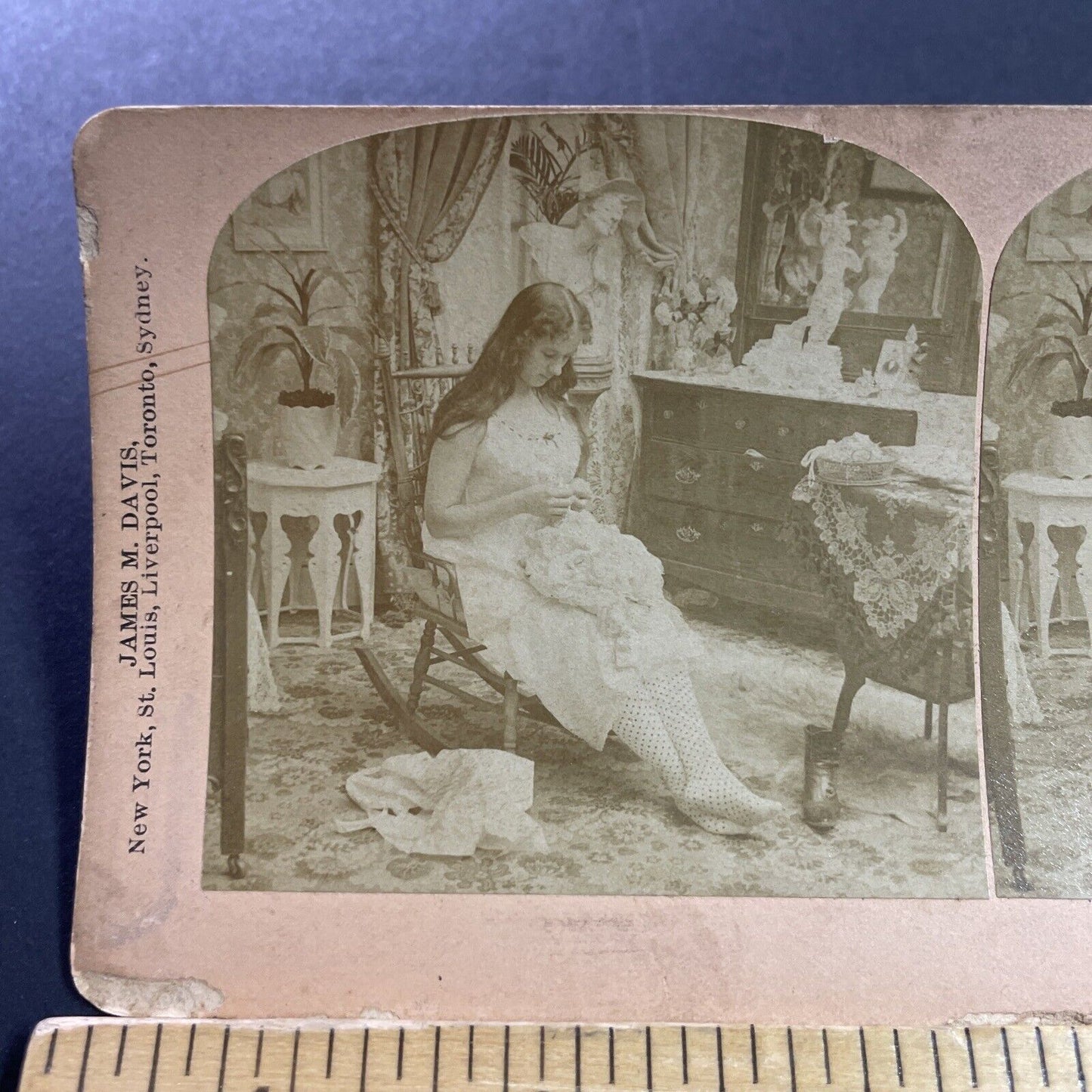 Antique 1897 Woman Sews Her Undergarments Slip Stereoview Photo Card P4056