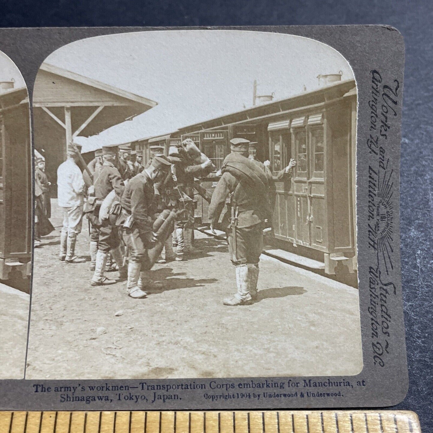 Antique 1904 Japanese Soldier Troop Train Rail Stereoview Photo Card P5604