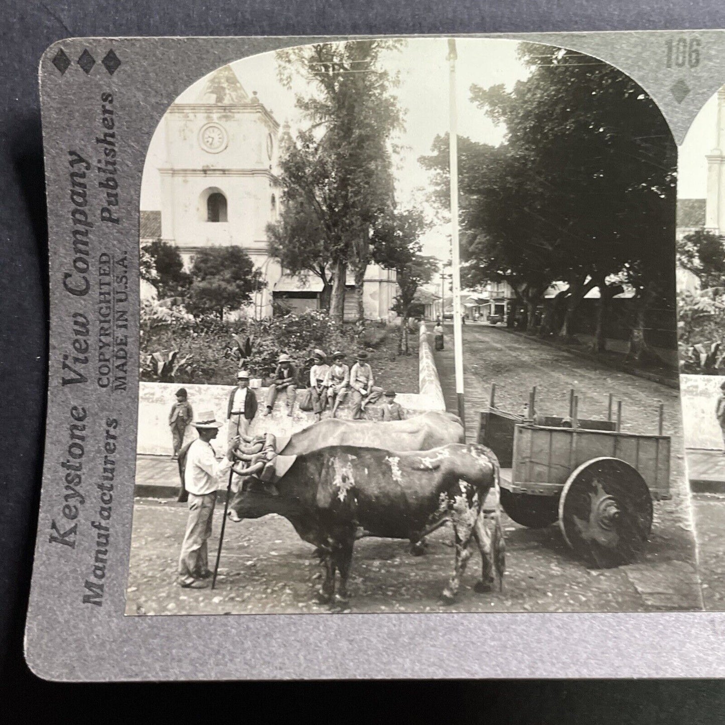 Antique 1918 Cattle Pulling Cart Heredia Costa Rica Stereoview Photo Card P1563