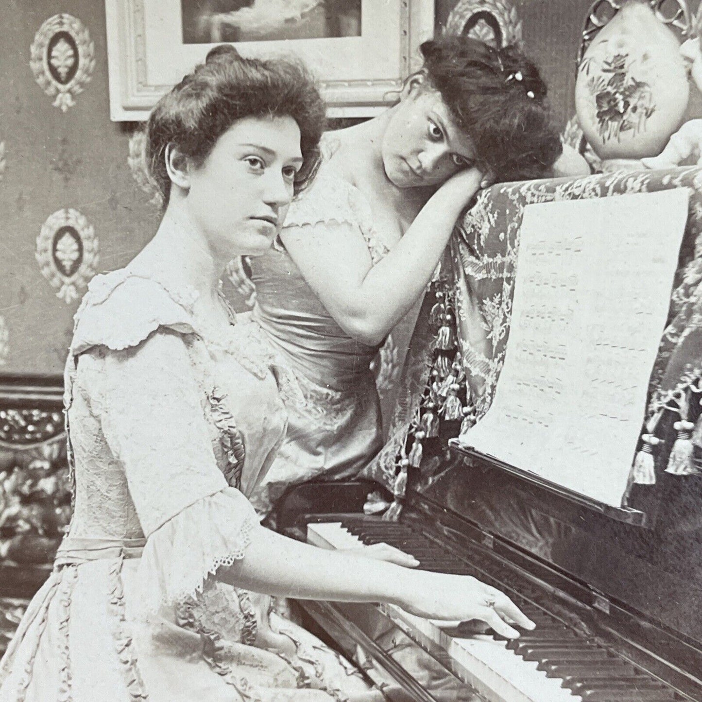 Antique 1902 Sisters Practice Piano Together Stereoview Photo Card P3540