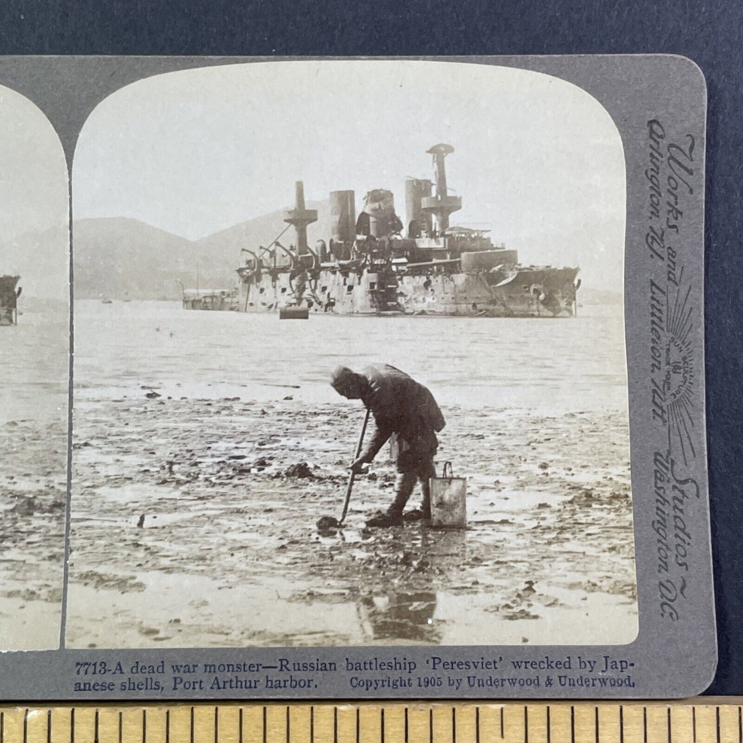 Sunk Russian Battleship Peresviet Stereoview Russo-Sino War Antique c1905 X3889