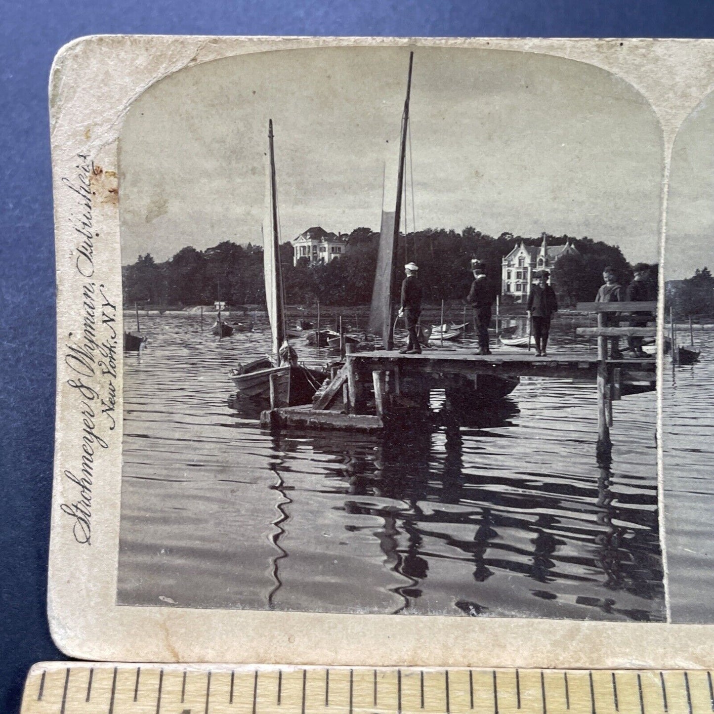 Antique 1897 Oslo Norway Pond & Sailboats Stereoview Photo Card P3922