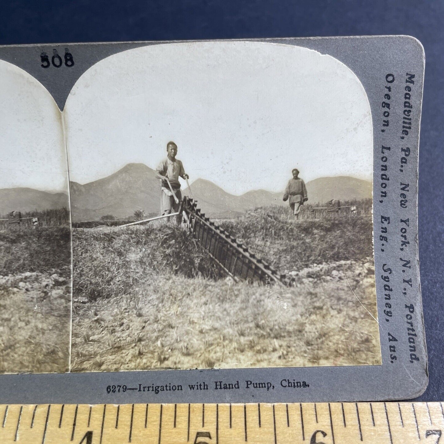 Antique 1905 Irrigation Hand Pump On Farm In China Stereoview Photo Card P2167