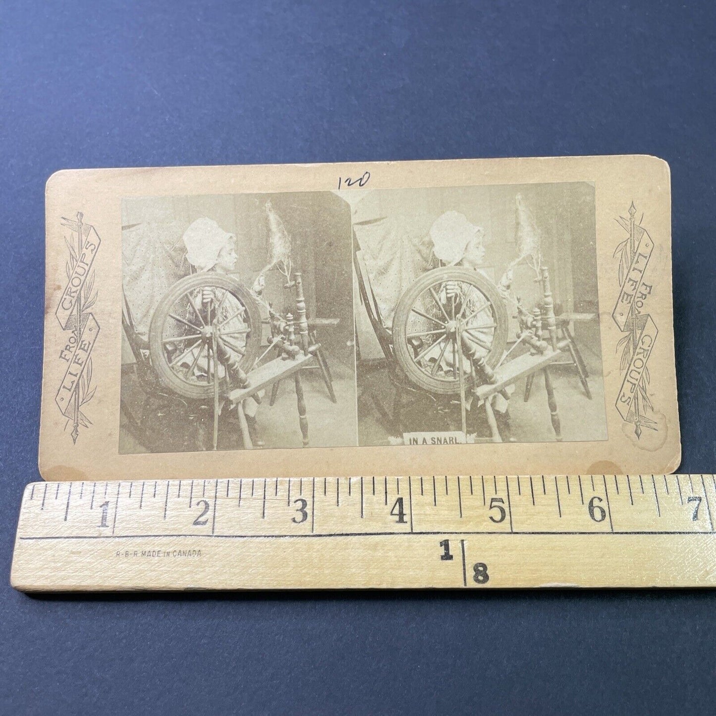 Antique 1870s Girl Spinning Wool Gets Caught Up Stereoview Photo Card P3088