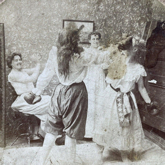 Antique 1890s Women In Underwear Have Boxing Match Stereoview Photo Card P2571