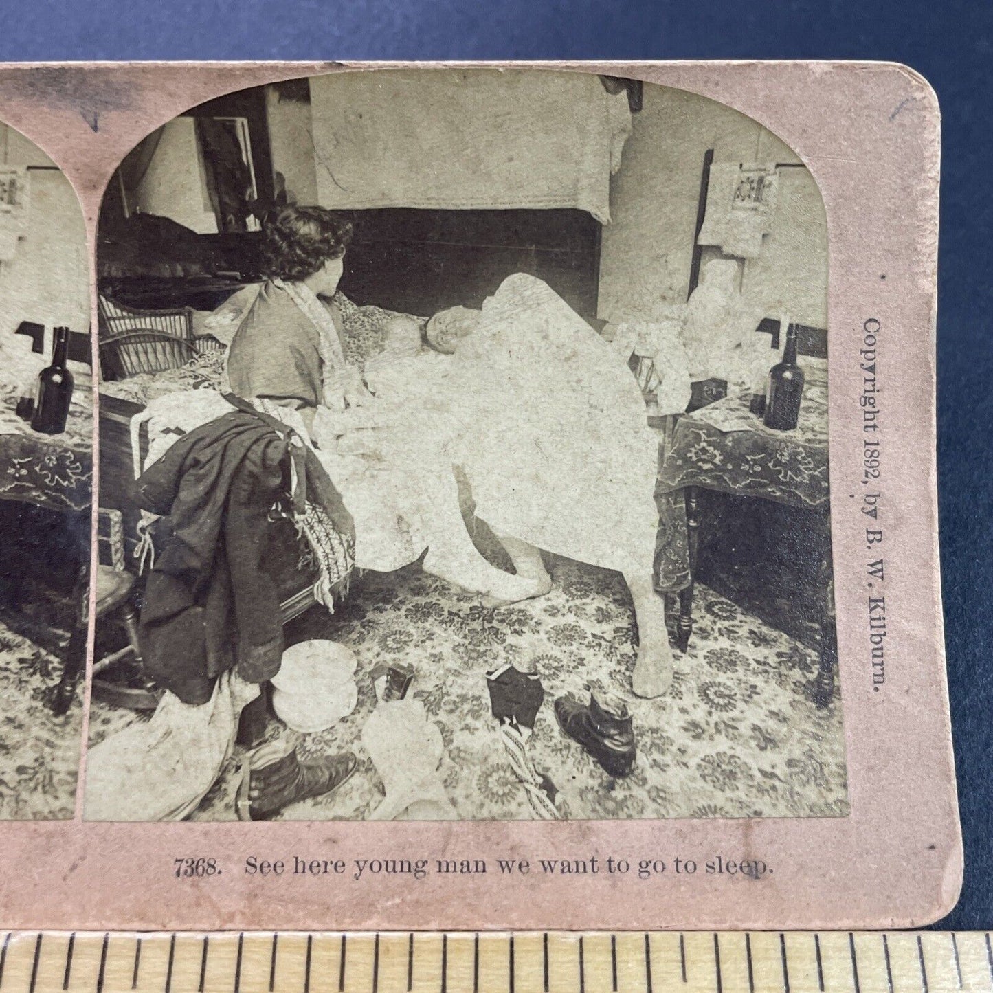 Antique 1892 Drunk Man Acting Sloppy In Bed Stereoview Photo Card P4104