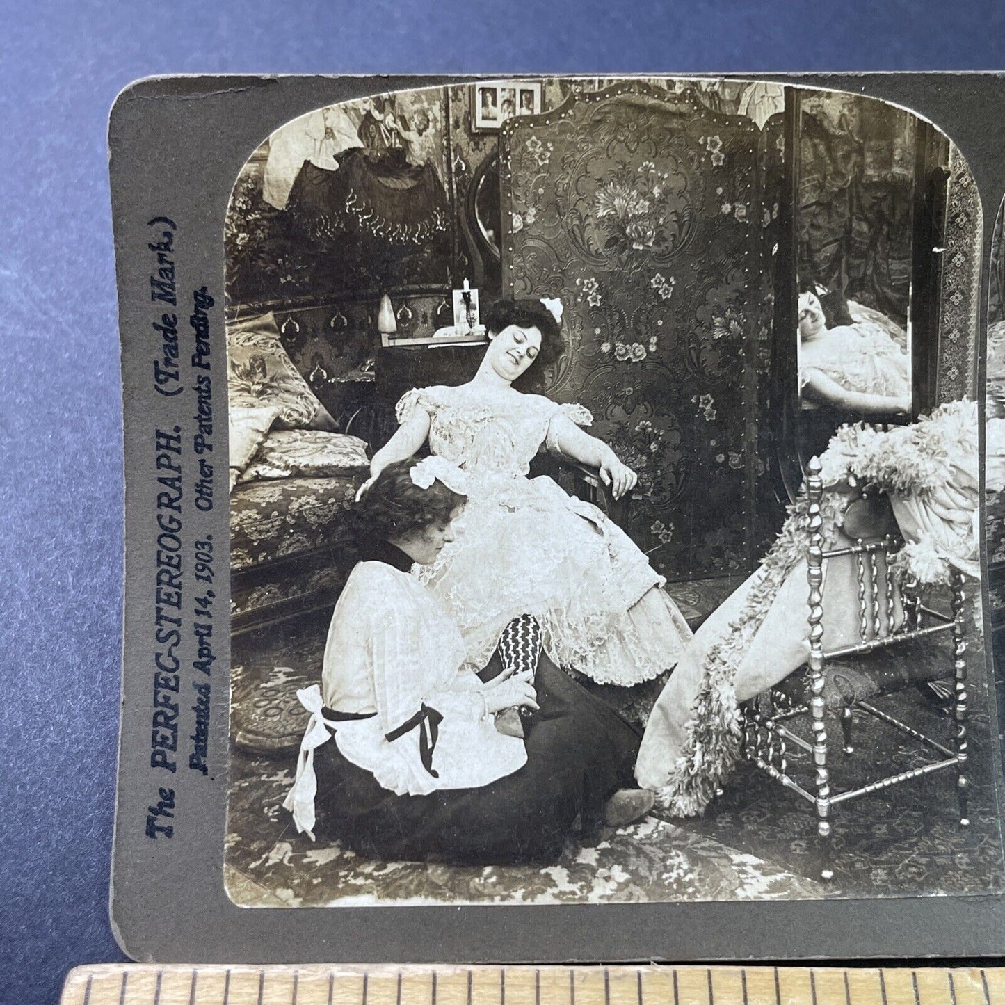 Antique 1902 Maid Massages Woman's Ankles Stereoview Photo Card P2893
