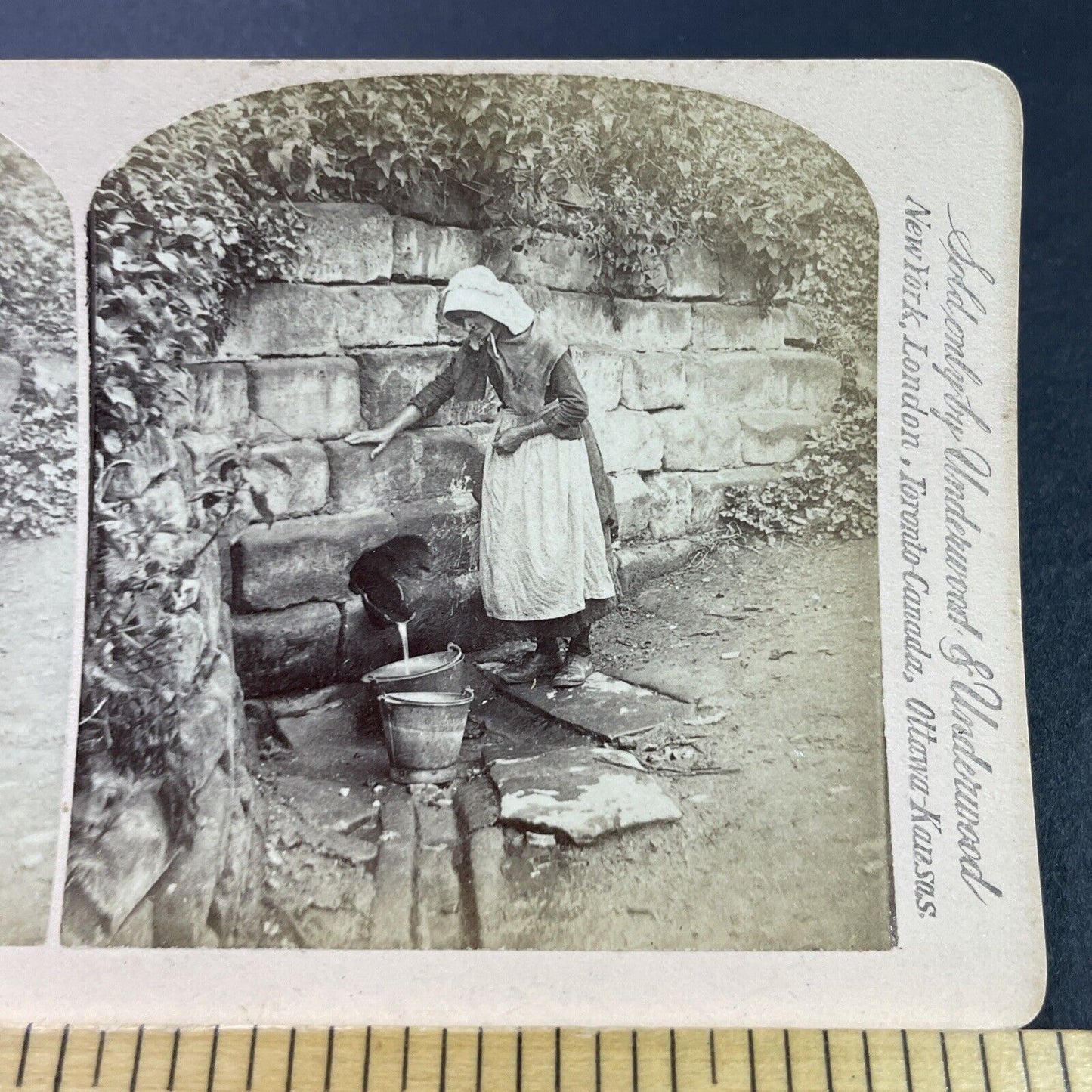 Antique 1890s Woman Collects Water Switzerland Stereoview Photo Card P3809