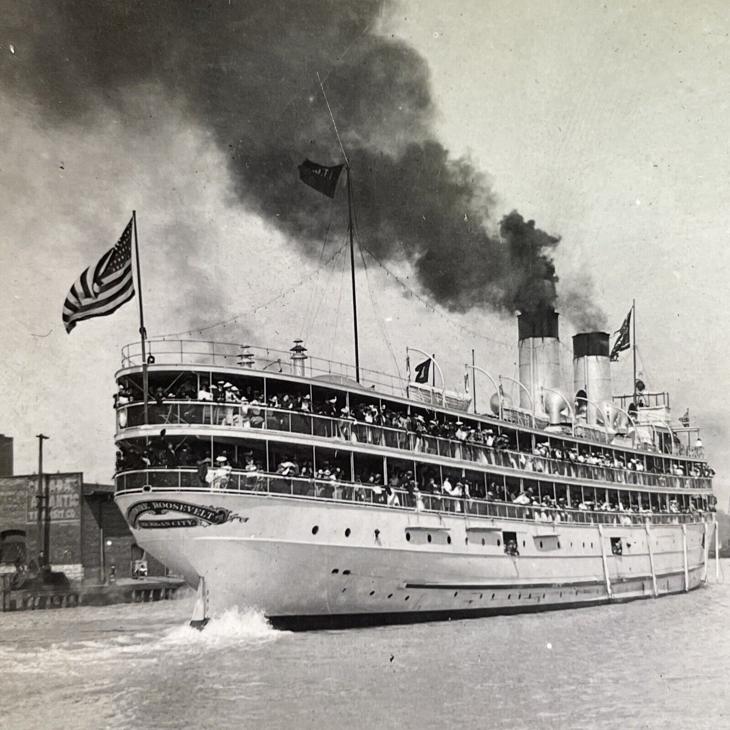 Antique 1909 USS Theodore Roosevelt Great Lakes Ship Stereoview Photo Card P1288