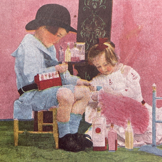 Antique 1905 Children Play Doctor & Nurse On Doll Stereoview Photo Card P1251