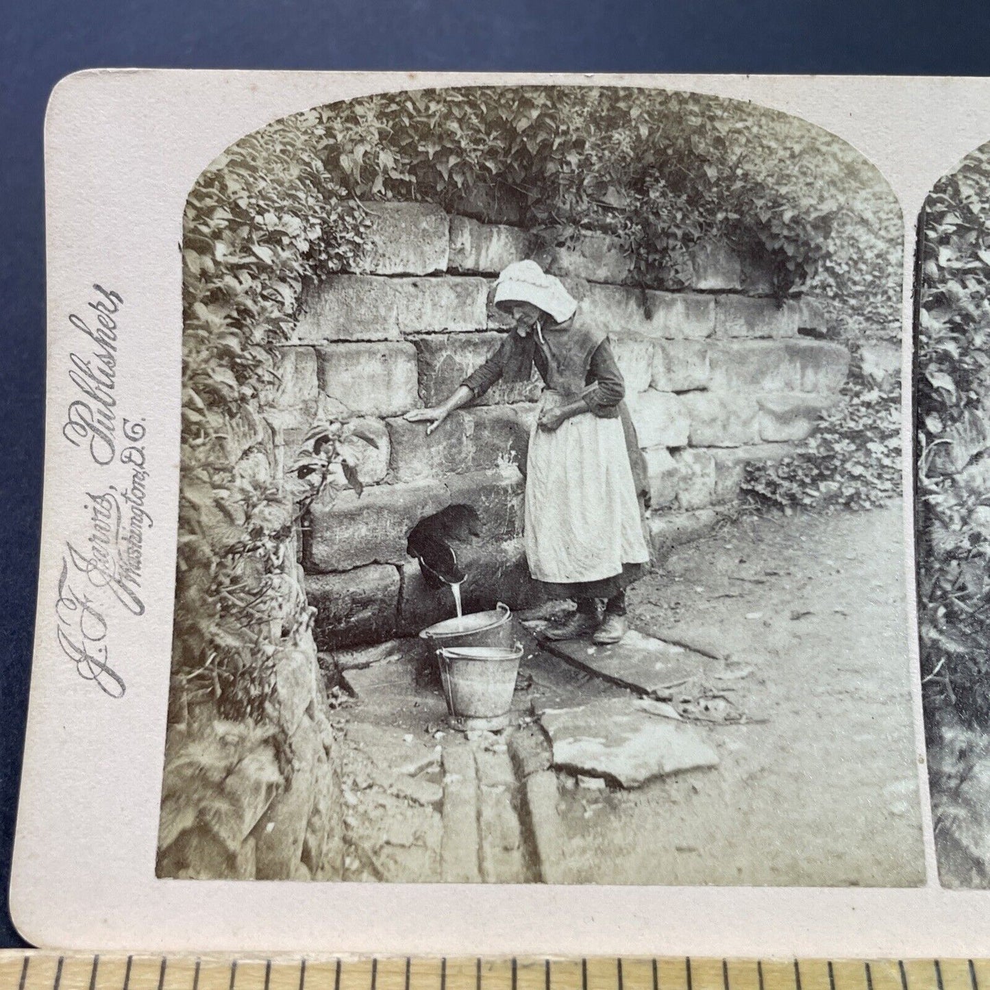 Antique 1890s Woman Collects Water Switzerland Stereoview Photo Card P3809