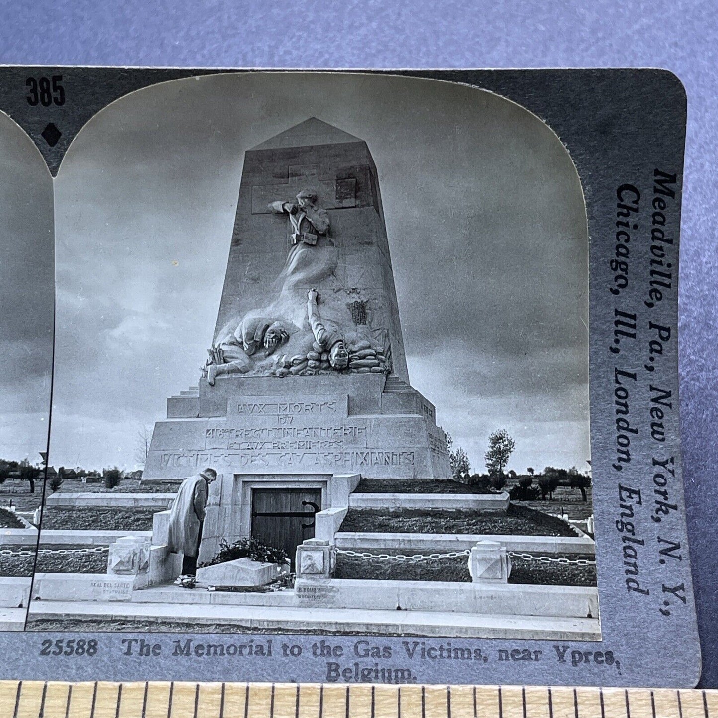 Antique 1930s Chlorine Gas War Memorial Ypres Belgium Stereoview Photo Card 2931