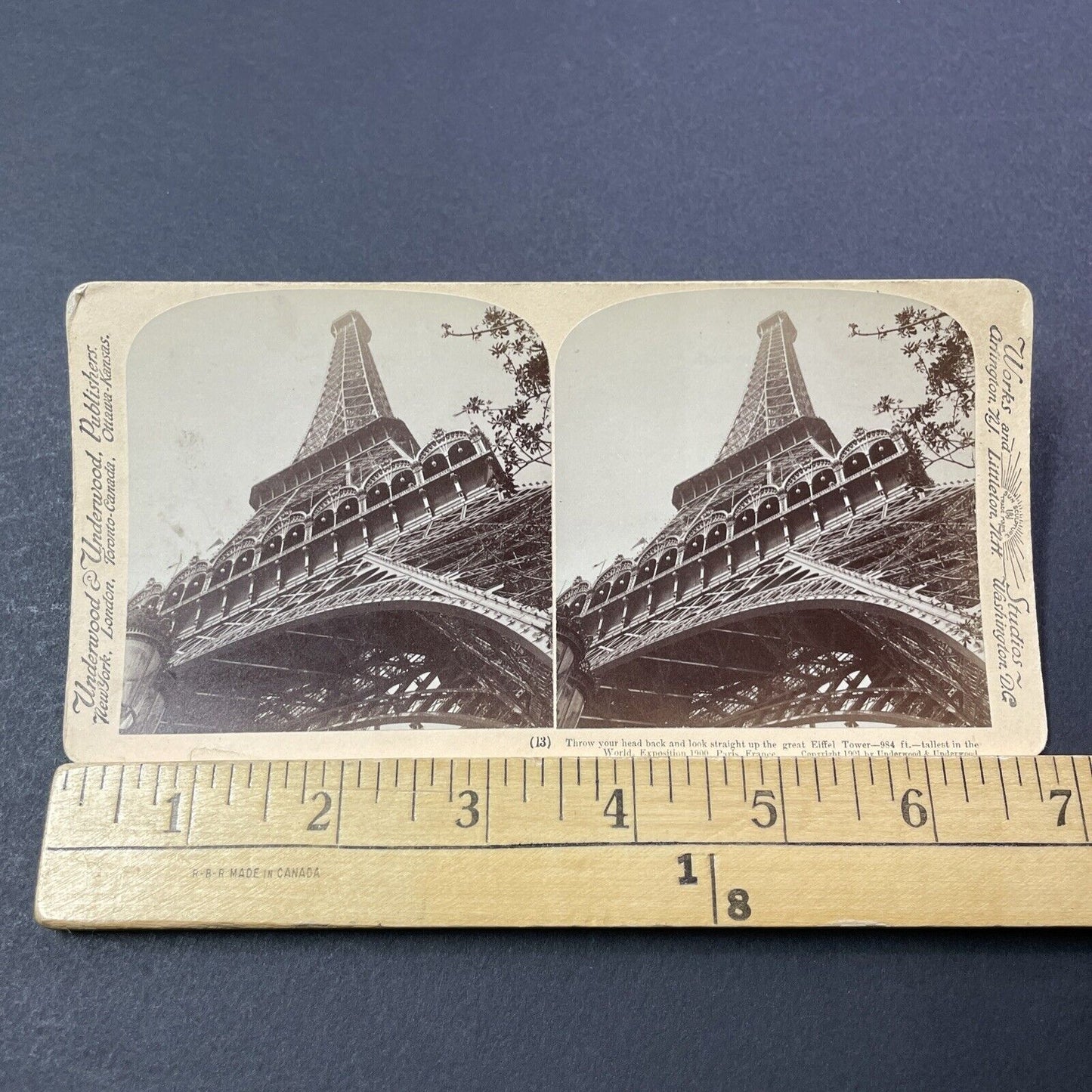 Antique 1900 Eiffel Tower Paris Looking Up View Stereoview Photo Card V3300