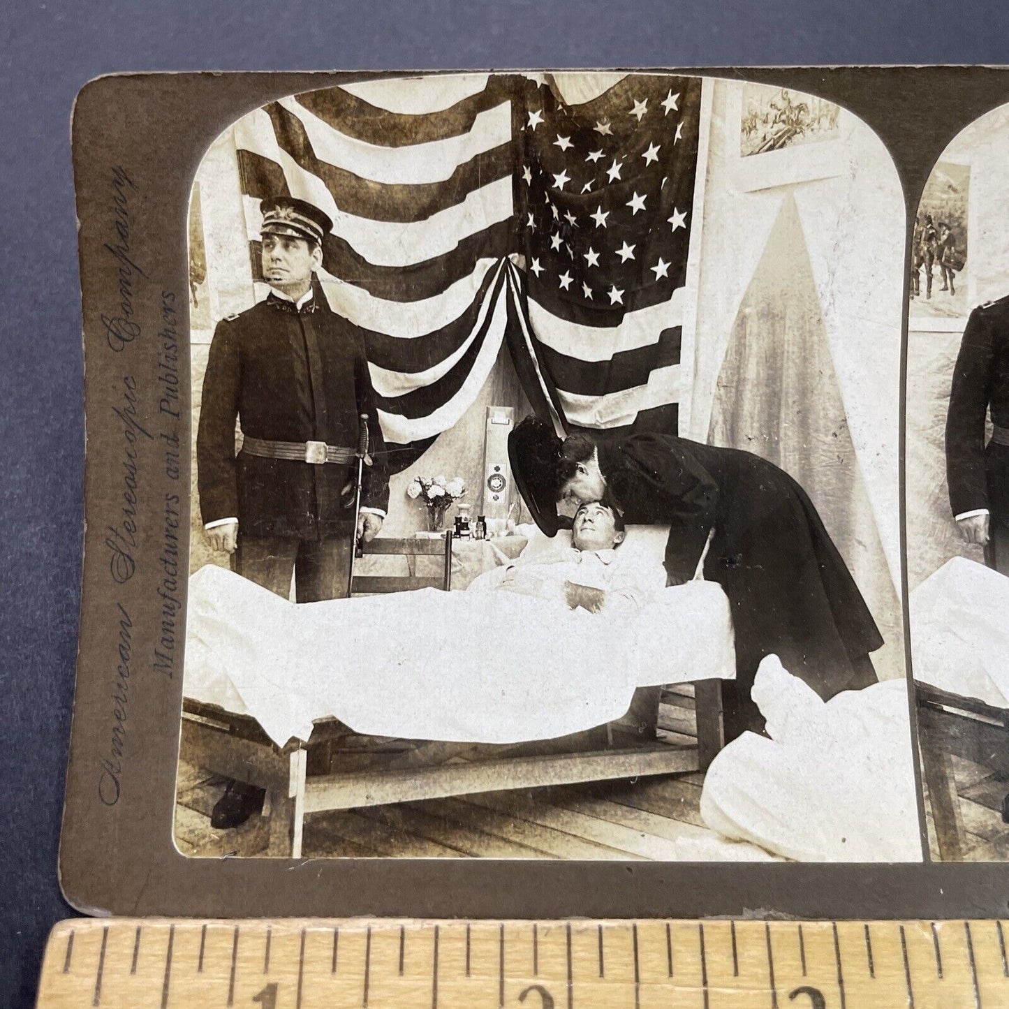 Antique 1906 Wounded US Soldier Hospital Kisses Wife Stereoview Photo Card P3110