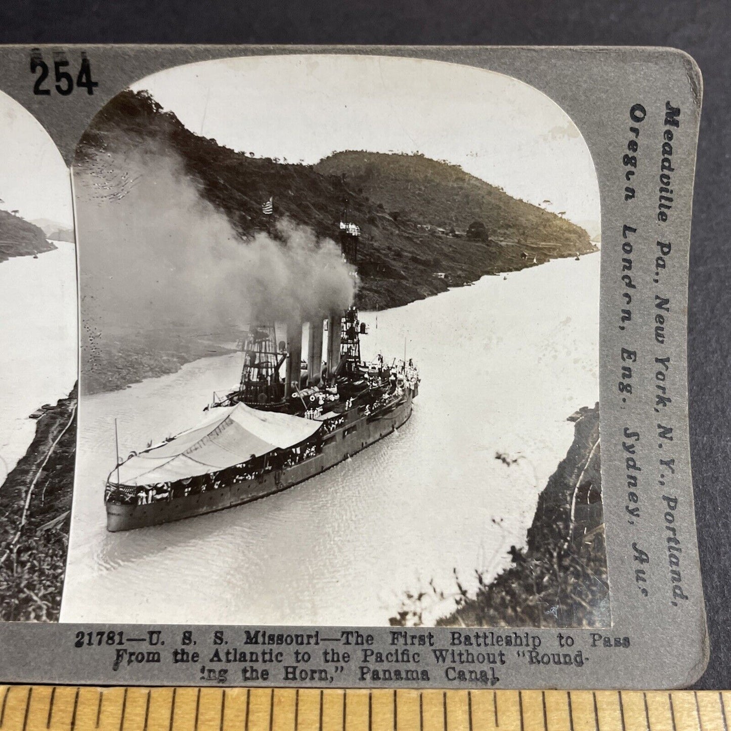 Antique 1910s USS Missouri Battleship W/ Shell Tent Stereoview Photo Card P4500