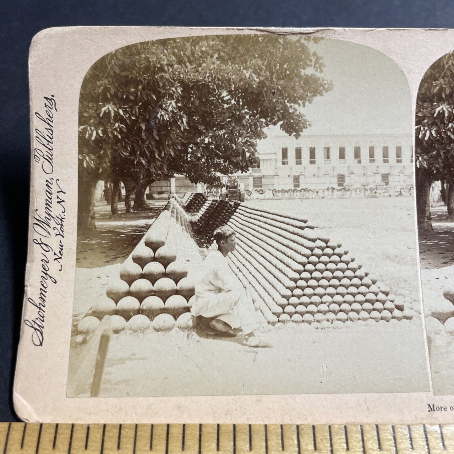 Antique 1899 US Artillery Canonball Ammunition Manila Stereoview Photo Card 4985