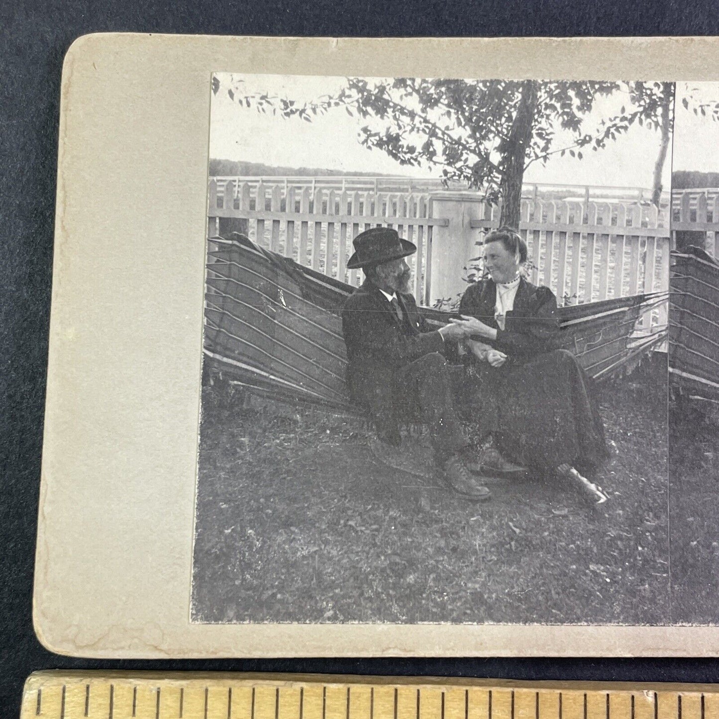 Man and Woman Smiling in a Hammock Stereoview OOAK Antique c1908 Y2723